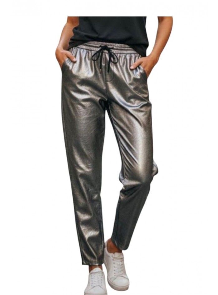 Pantaloni din piele ecologica, plusati pe interior, argintiu